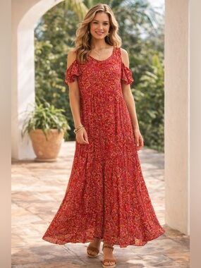 Soft Surroundings Red Floral Cold Shoulder Maxi Dress